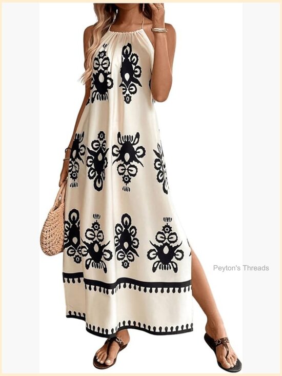 Dresses & Skirts - Boho Backless Halter Maxi Dress Floral Tie Back Split Flowy Summer